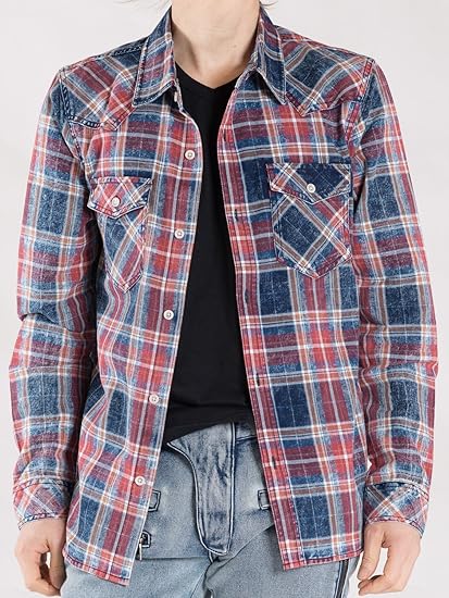 Amazon ネイビー オレンジ系 Ll シャツ メンズ チェック 柄 インディゴ 長袖 青 赤 シャツ 通販