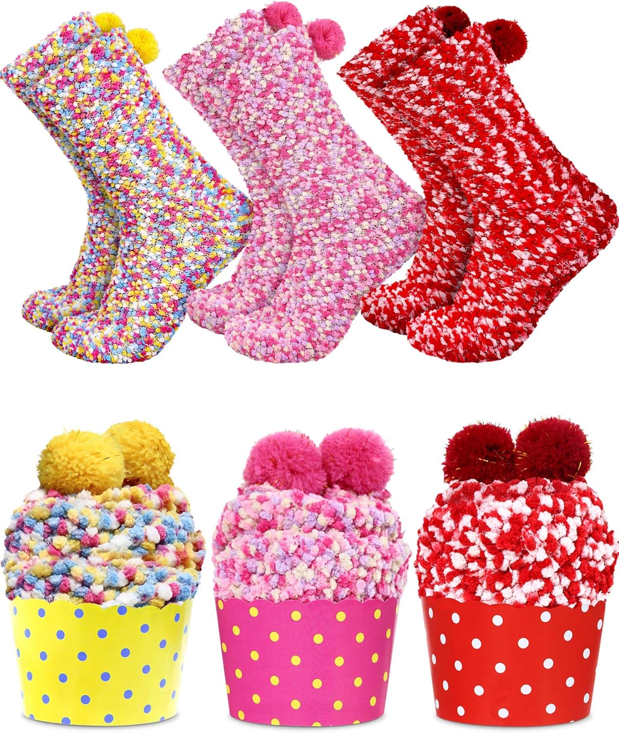3 Pairs DIY Cupcake Socks Valentine's Day Fuzzy Plush Socks with