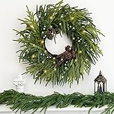 TOKCARE Norfolk Pine Wreath with Pine Cone, 26 inch Real Touch Prelit Christmas Wreaths for Front Door with 40 LED for Wall Windows Mantle Outdoor Christmas Decoration