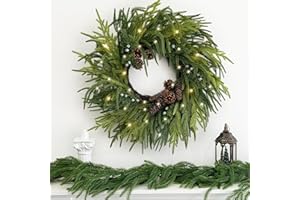 TOKCARE Real Touch Norfolk Pine Wreaths for Front Door, 24 inch Artificial Prelit Christmas Wreath with 40 LED Green Faux Pin