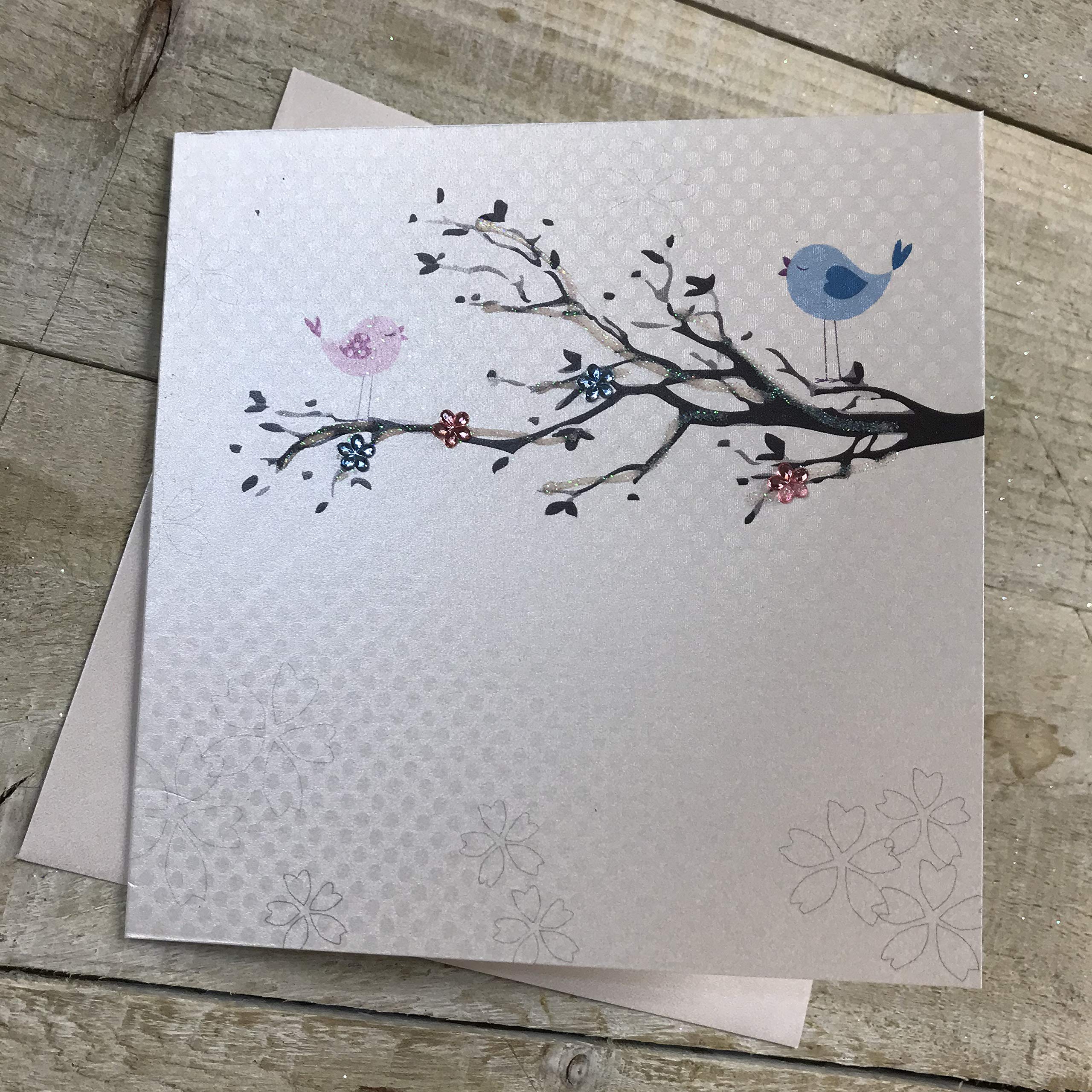 WHITE COTTON CARDS Small Birds in Tree Blank Handmade Card, PD130