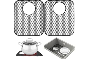 YUBIRD Sink Protectors for Kitchen Sink - 13.58"x 11.6" Sink Mats, 2 PCS Silicone Kitchen Sink Mat for Bottom of Stainless Steel Sink(Black, Rear Drain)
