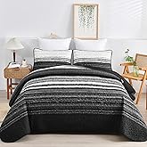DJY Black Striped Quilt Set Queen Size, Boho Stripe Patchwork Bedspread Coverlet Set Soft Microfiber Quilt Bedding Set 3 Pieces for All Season(90"x96")