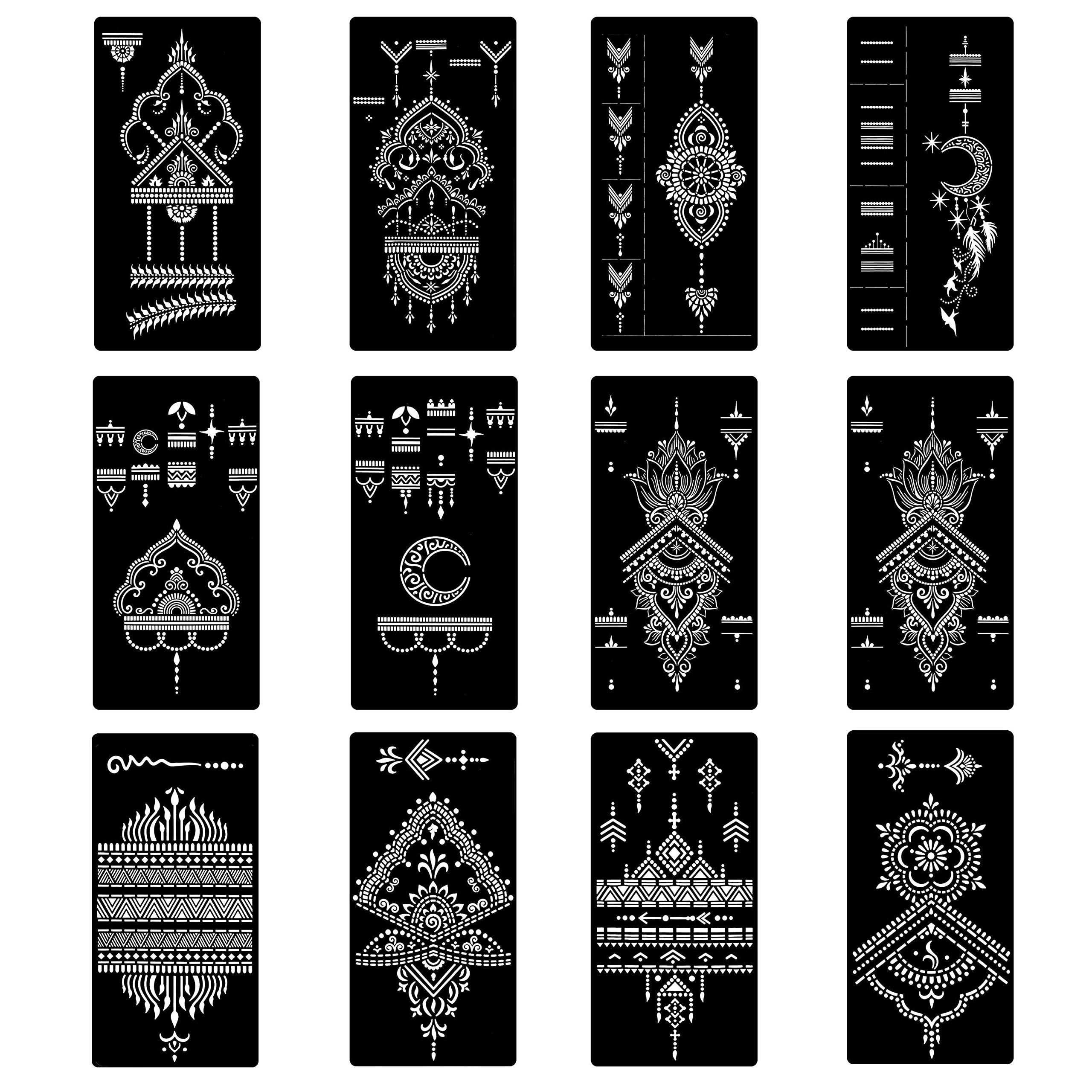 12 Sheets Tattoo Stencils Set, Hand Temporary Tattoo Temples, Reusable Indian Arabian Tattoo Stickers Stencils Body Art for Women Hands
