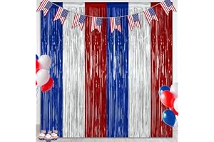 2 Pack 4th of July Decorations, 3.28 FT x 7.05 FT 250 Anniversary Tinsel Backdrop, Red Silver Blue Fringe Curtains Streamer B