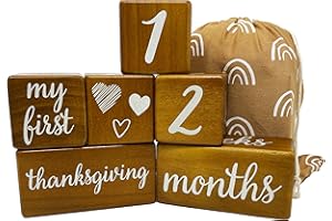 Pondering Pine Baby Milestone Blocks - Natural Brown Stain Pine Wood with Weeks Months Years Grade and Holidays, Newborn Weekly Monthly First Year Picture Props, 6 Block Milestones Age Set with Bag