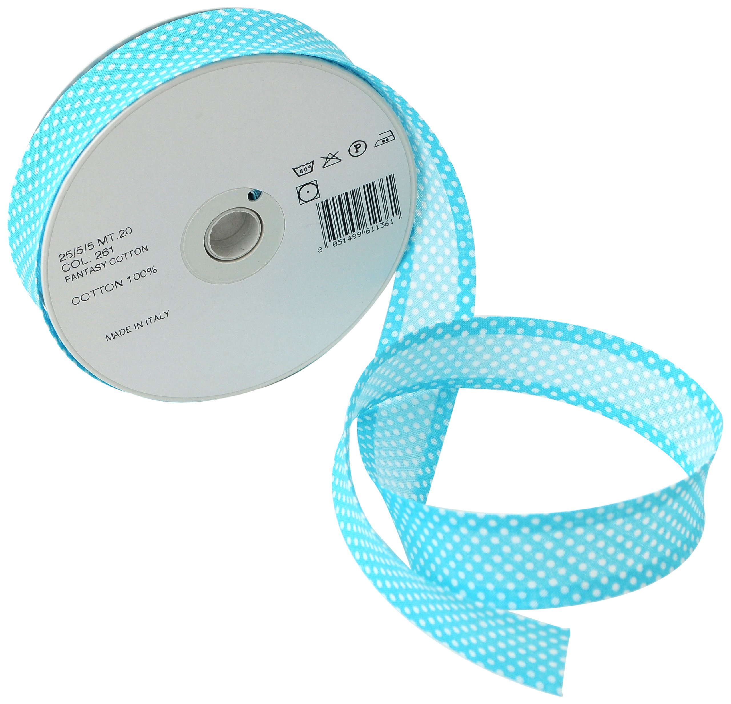 Inastri 25/ 5/ 5 mm Cotton Bias Binding in Turquoise Polka White 261