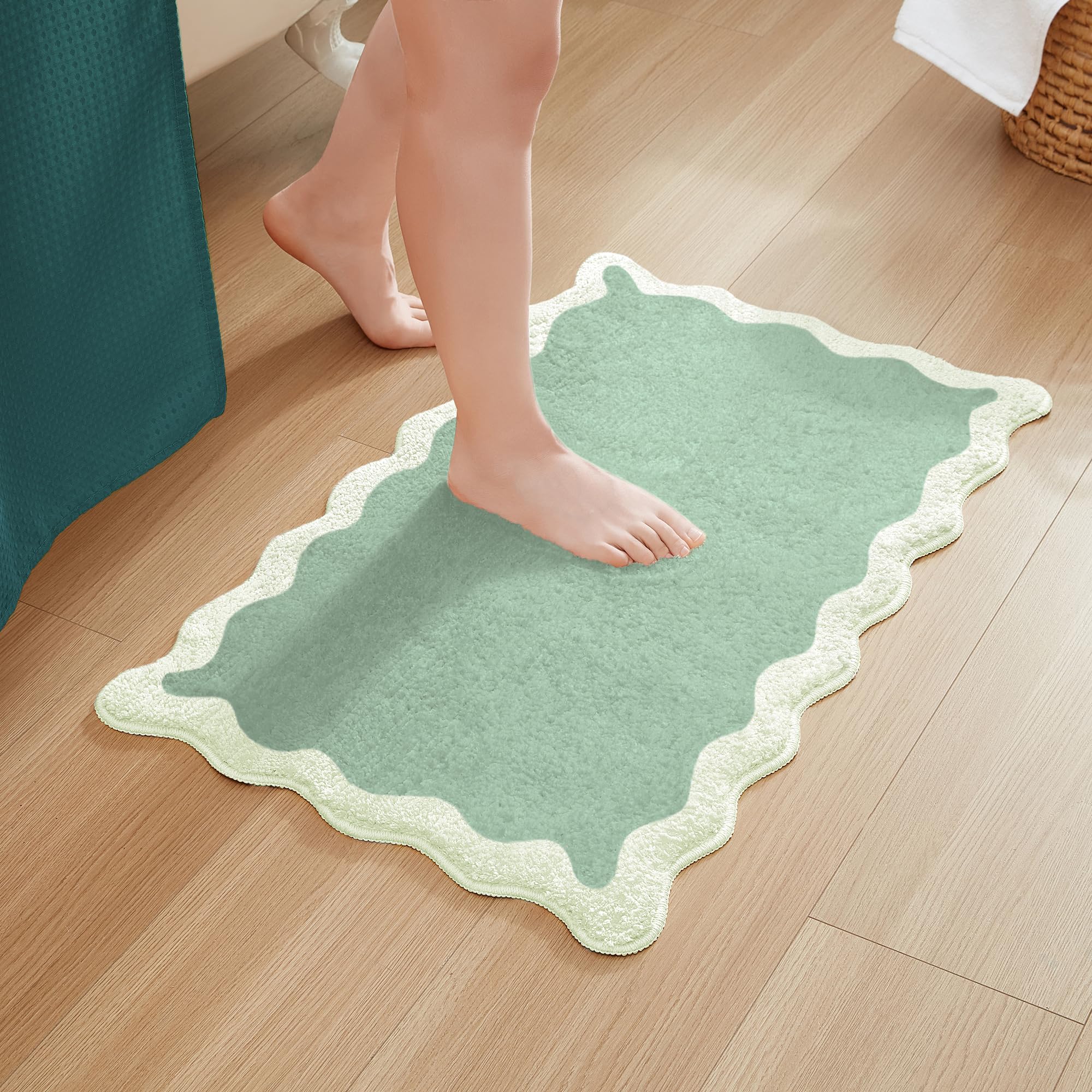 Photo 1 of MONDAY MOOSE Bath Mat with Scalloped Wavy Ripple Design, Microfiber Absorbent Non Slip Tufted Rug for Floor, Shower or Kitchen (20x32 inch, Sage)