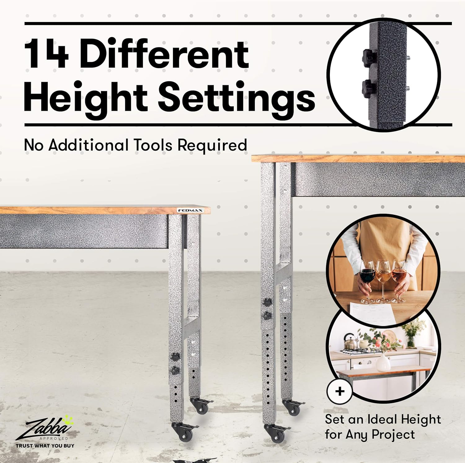 Fedmax Work Bench – Acacia Wood Garage Workbench w/Casters – Tool Table w/Adjustable Height Legs – Benches for Home Improvement: Home Improvement