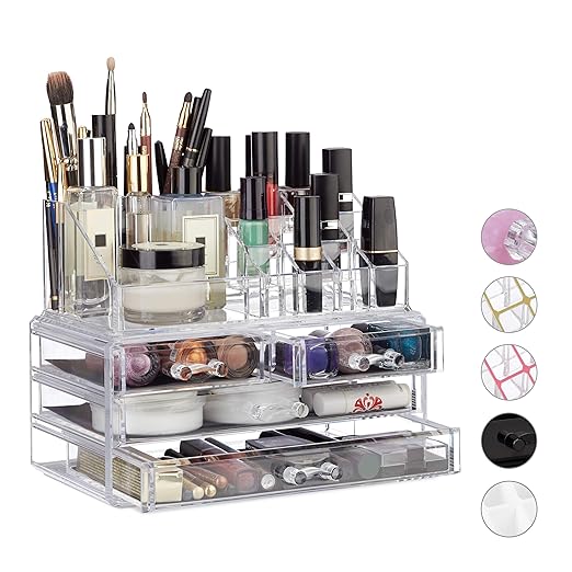 Relaxdays Make Up Organizer Acryl, 2-teilige Schminkaufbewahrung mit Lippenstifthalter und 4 Schubladen, transparent