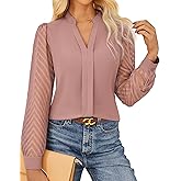 GRACE KARIN Women Business Casual Tops Sheer Lace Long Sleeve Blouses Work Office Pleated V Neck Shirt Fall Formal Outfits