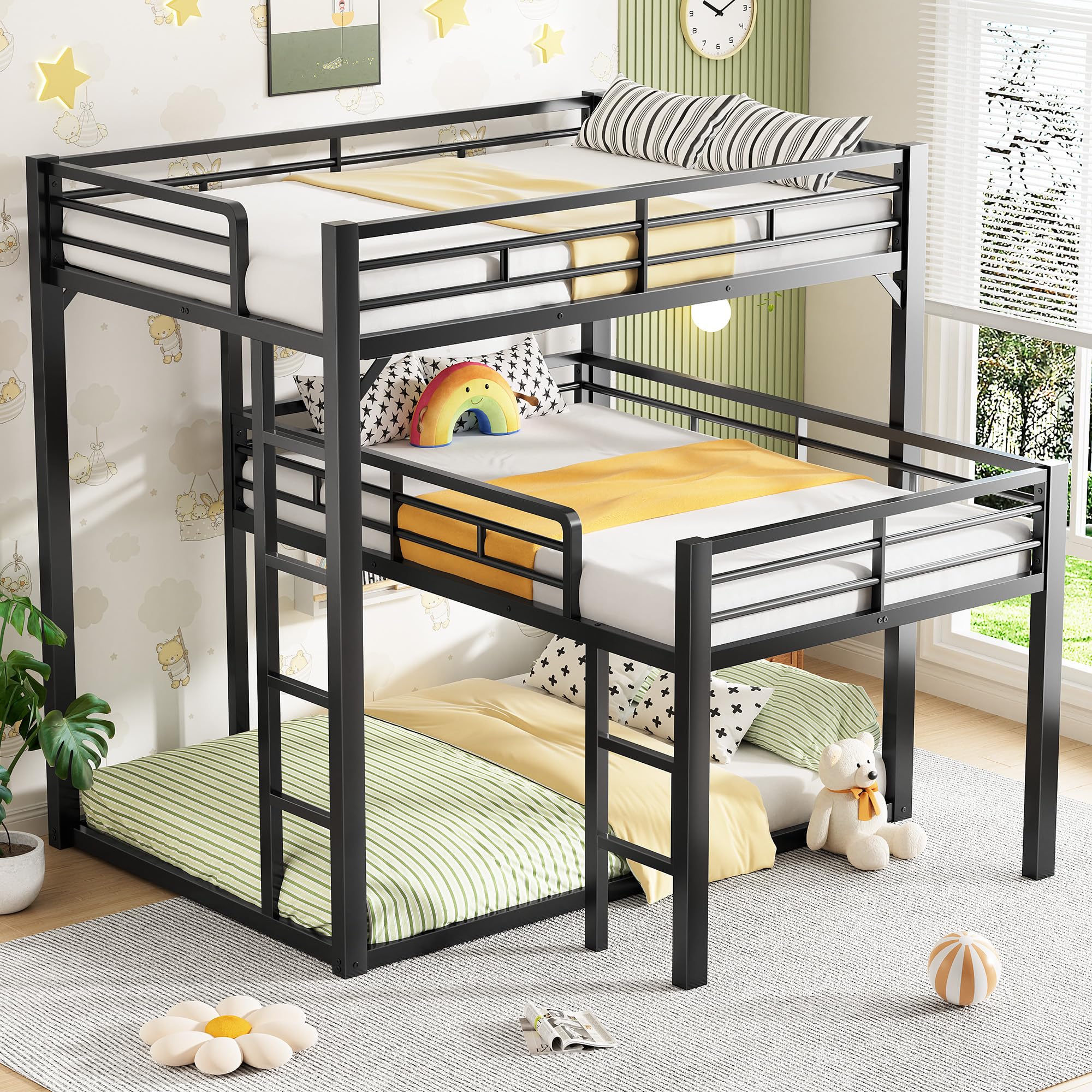 View 1 of ***PARTIAL SET BOX 1/2***
PVWIIK Heavy Duty L-Shaped Triple Bunk Bed for Kids Bedroom,Full Over Full Over Full Metal Bunkbeds with Ladder & Safety Guardrail,Easy Assembly Metal Bed Frame, Black