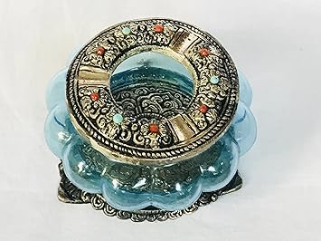 MHE- Metal Carving Glass Ash Tray with Sky Blue Colour
