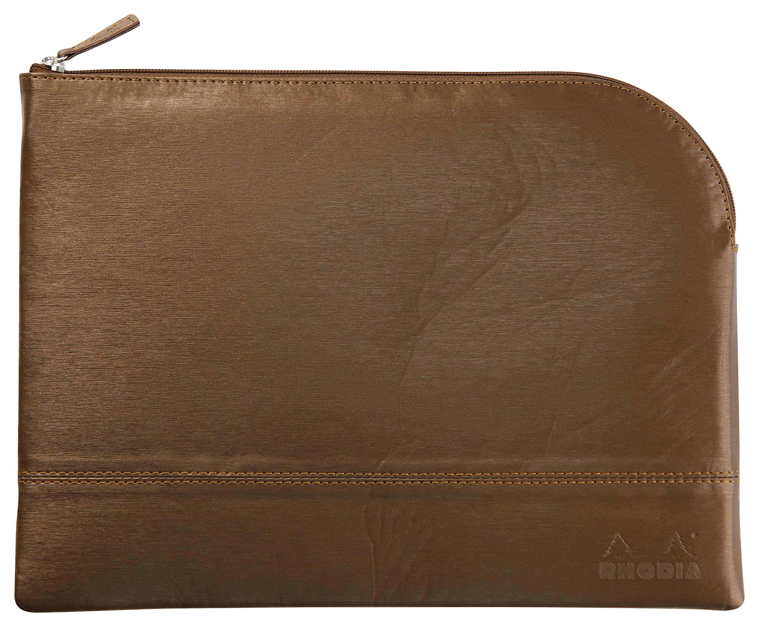 RHODIA 116719C - Faux Leather Zippered Pouch - Bronze - Size L (21 x 28 cm) - Genuine stitching - Orange Fabric Inside - Storage for Documents, Small Supplies