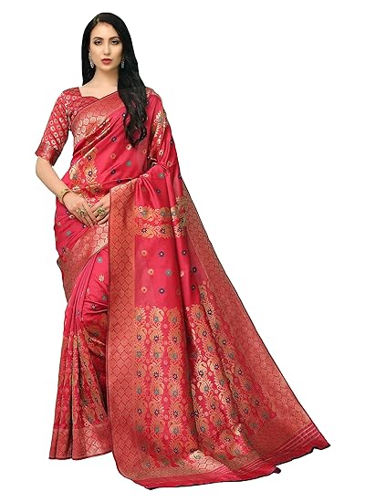 COTTON SHOPY Womens Banarasi Tussar Silk Saree with Blouse Piece (Cott-895_Pink & Gajari)