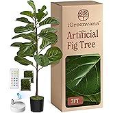 iGreenvana Artificial Fiddle Leaf Fig Tree 3ft (36 Inch) Tall - with Remote LED Spotlight - Realistic Faux Potted Plant & Mos