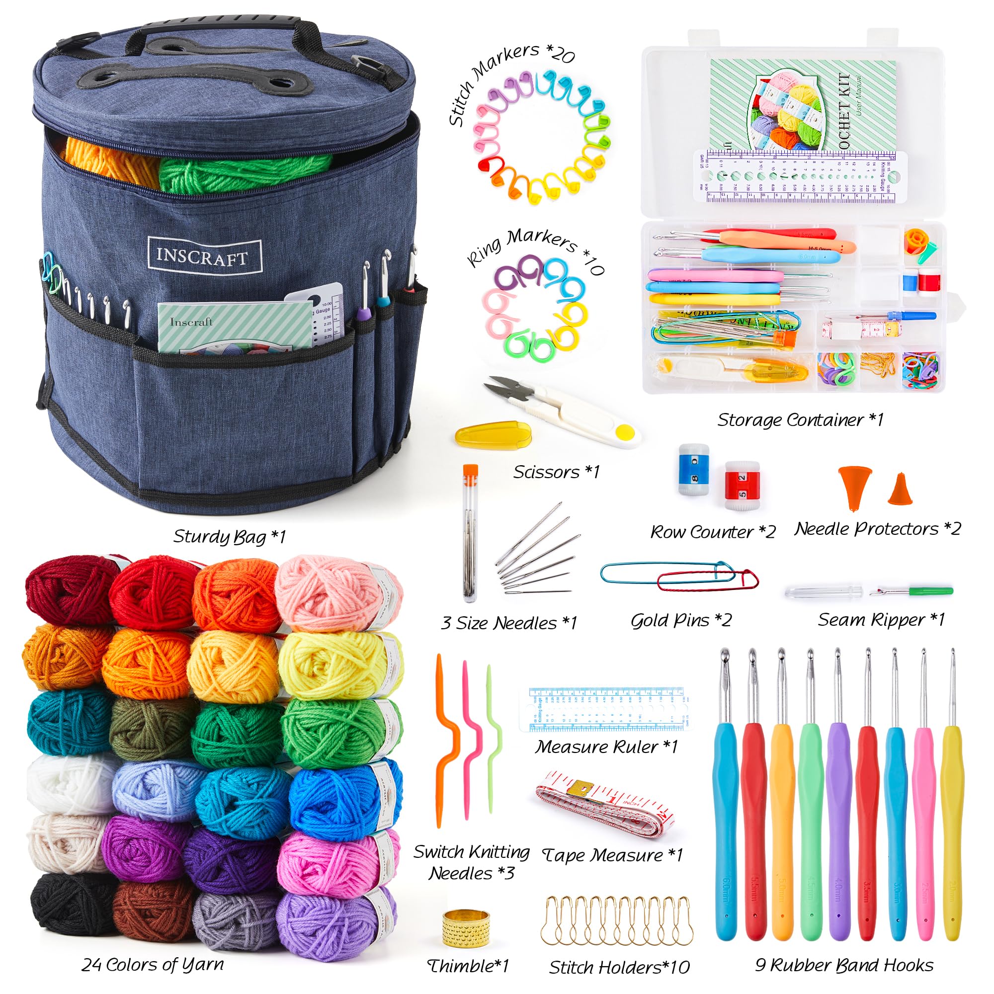 INSCRAFT Crochet Kit for Beginners Adults Kids - Great Knitting Starter Kit for Colorful Craft for Professionals, Make Amigurumi Projects includes 24 Colors Yarn, Hooks, Instructions, a Durable Bag