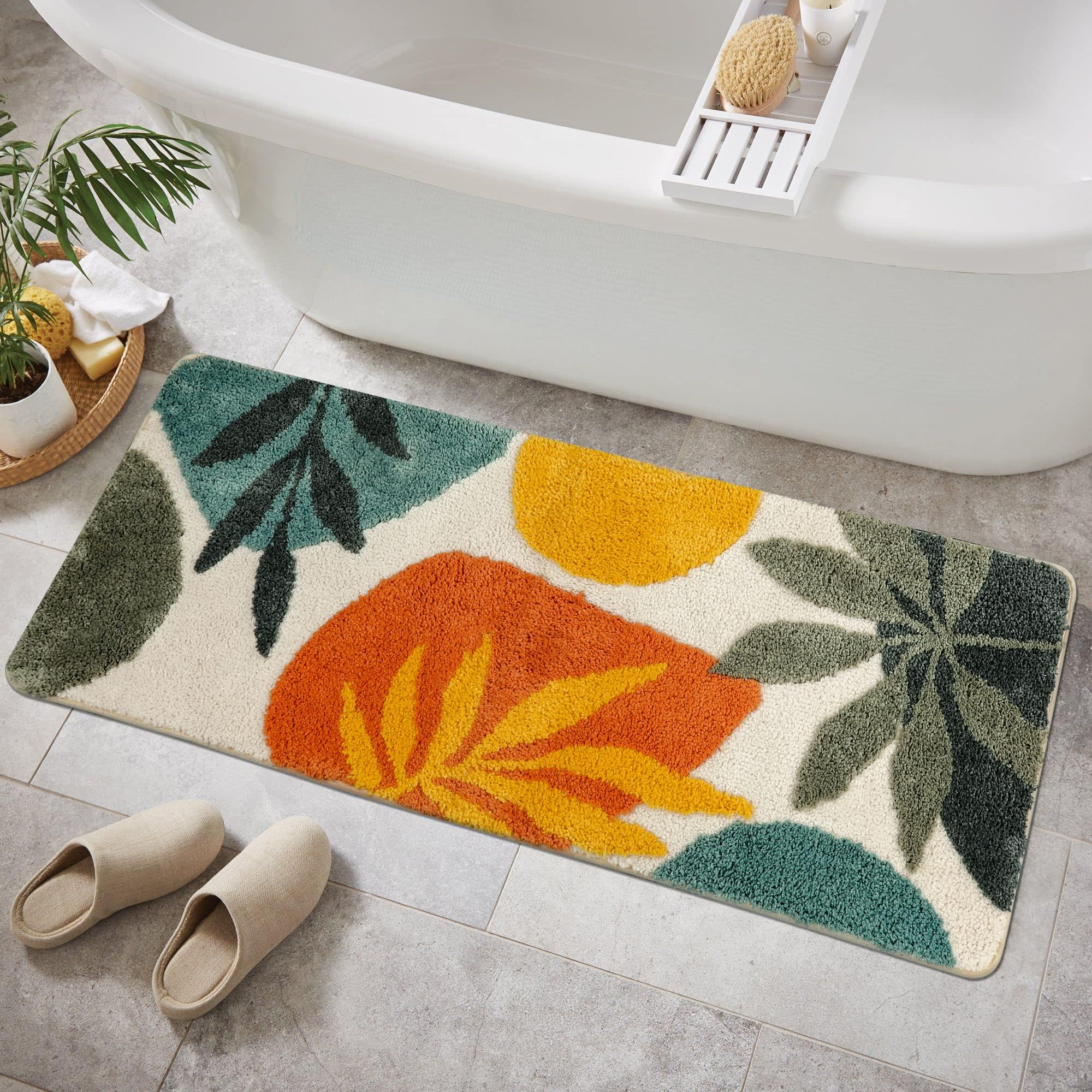 Photo 1 of Uphome Bathroom Runner Rug Colorful Abstract Leaves Long Bath Mat Non Slip Water Absorbent Boho Bath Rug Soft Microfiber Machine Washable Floor Mats for Tub Bathroom Indoor Doormat,18"x47"
