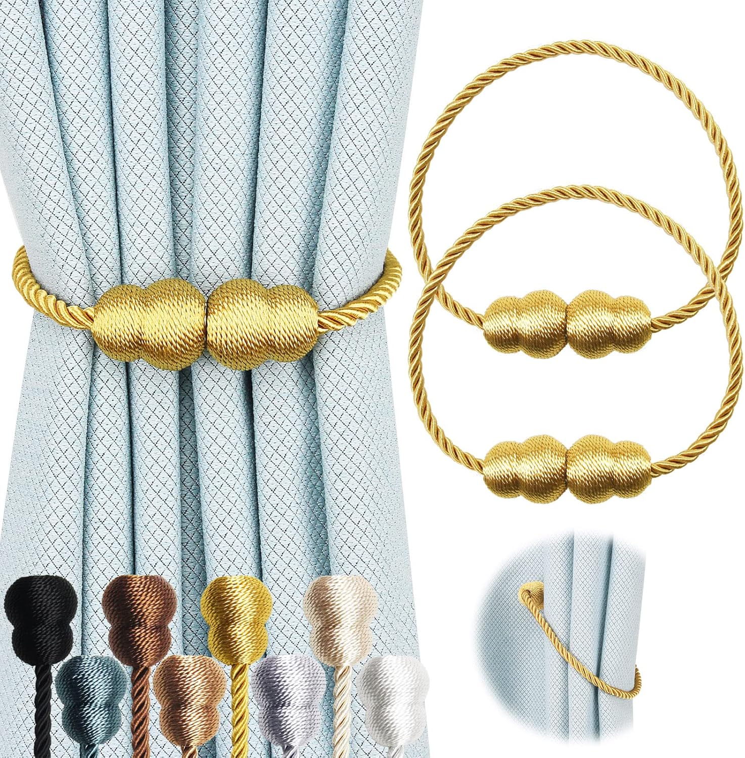 Window Treatment Hardware - Hangtty Magnetic Curtain Tiebacks 2 Pack Rope Decorative Curtain Tie Backs Elegant Curtain Holders for Drapes Outdoor Window Treatment Holdbacks, Gold