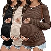 Sweetyweee 3 Pack Maternity Shirts Ribbed Long Sleeve Maternity Sweater Crew Neck Pregnancy Clothes for Women Thermal Top