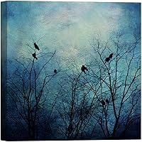 SIGNWIN Canvas Wall Art Birds Perched on High Branch with Twilight Blue and Violet Sky Nature Oil Painting Abstract Contemporary Dramatic Dark for Living Room, Bedroom, Office - 12x12 inches