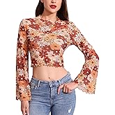ABAFIP Women's Floral Bell Sleeve Crop Top Ruffle Mock Neck Flowy Flare Sleeve 70s Hippie Sheer Mesh Shirts