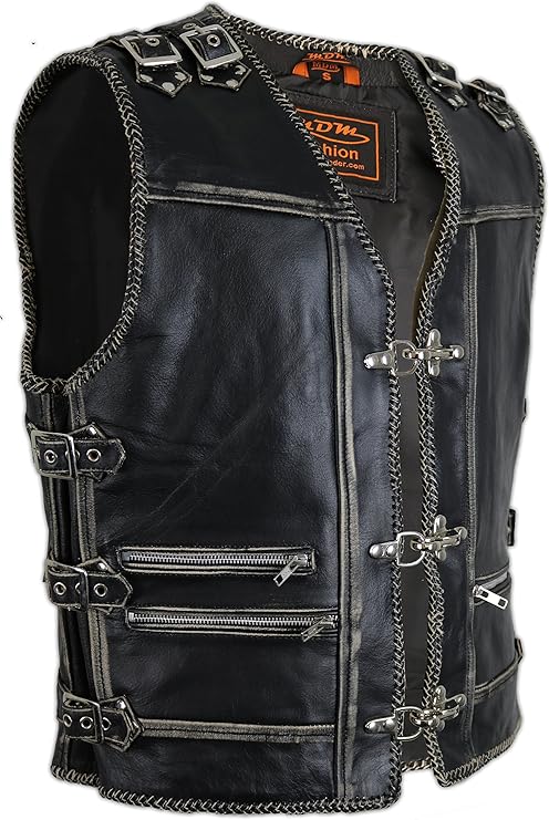 Gilet In Pelle Vintage Con Cappuccio In Pelle Da Motociclista MDM9074 - MDM LEDER