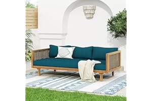 Merax 67.5" Outdoor Patio Daybed 3 Seater Sofa Bed,Acacia Wood Frame with Rattan Arm,Cushion & Pillow for Courtyard