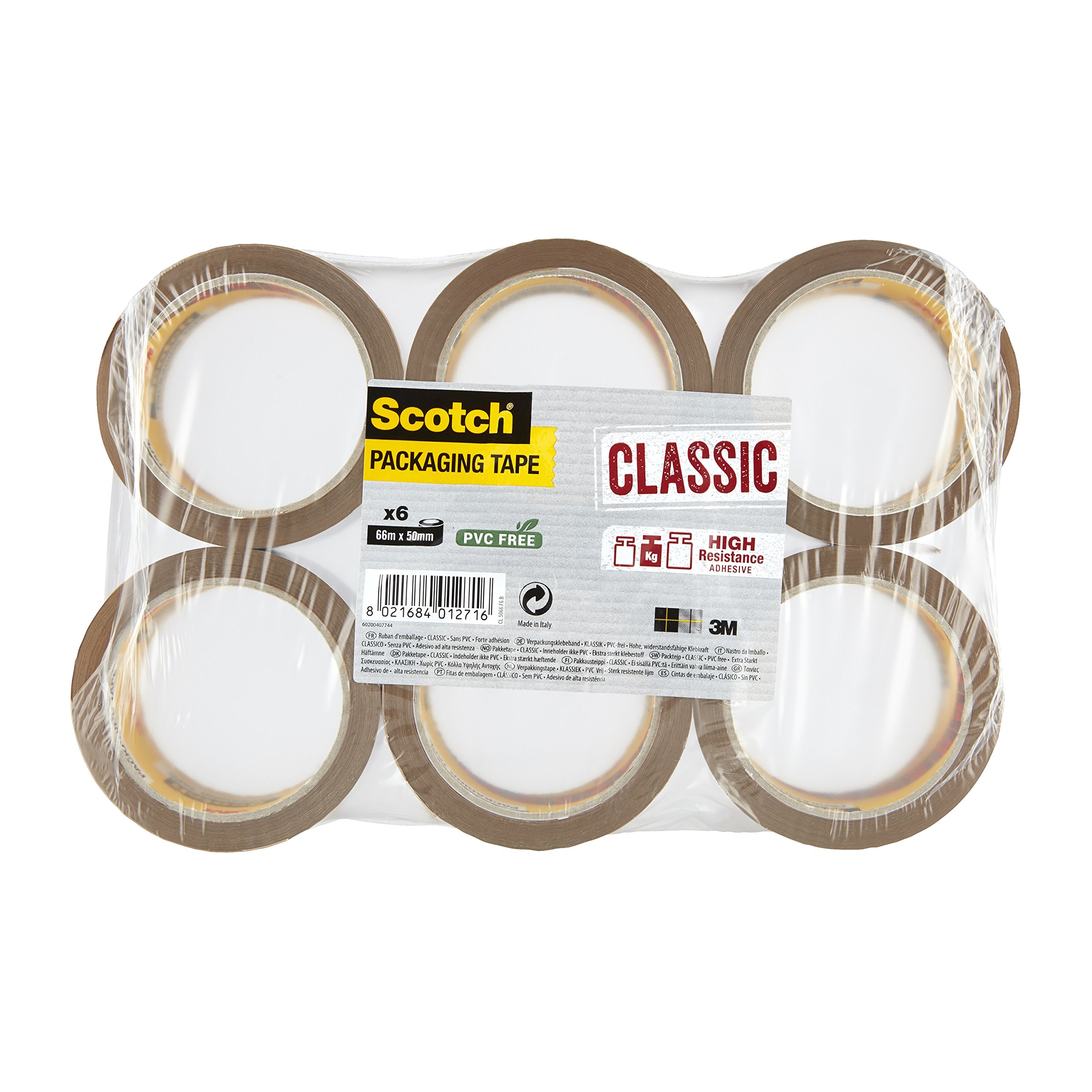 Scotch Packaging Tape, Pack of 6 Classic Brown Packing Tape Rolls