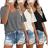Riyiper 3 Pack Womens V Neck T-Shirts Short Sleeve Waffle Knit Oversized Loose Fit Casual Summer Tees Basic Tops