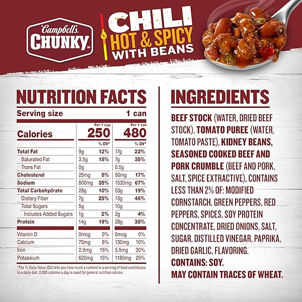 CAMPBELL’S CHUNKY HOT AND SPICY CHILI WITH BEANS, 16.5 OZ CAN