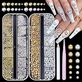 Gold Silver Nail Art Pearls Beads Mixed Sizes Half Pearls for Nail Art, 2 Boxes Gold Silver ABS Flatback Pearl for Nails Mini Caviar Nails Beads Studs, Nail Beads Pearls for Women Nail Design