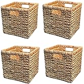 Wicker Storage Cubes 12x12 Set of 4, Heavy Duty Hyacinth Storage Baskets, Baskets for Organizing, Storage Woven Basket, Collapsible Storage Cubes, Rattan Basket, Ikea Kallax Inserts (Water Hyacinth)