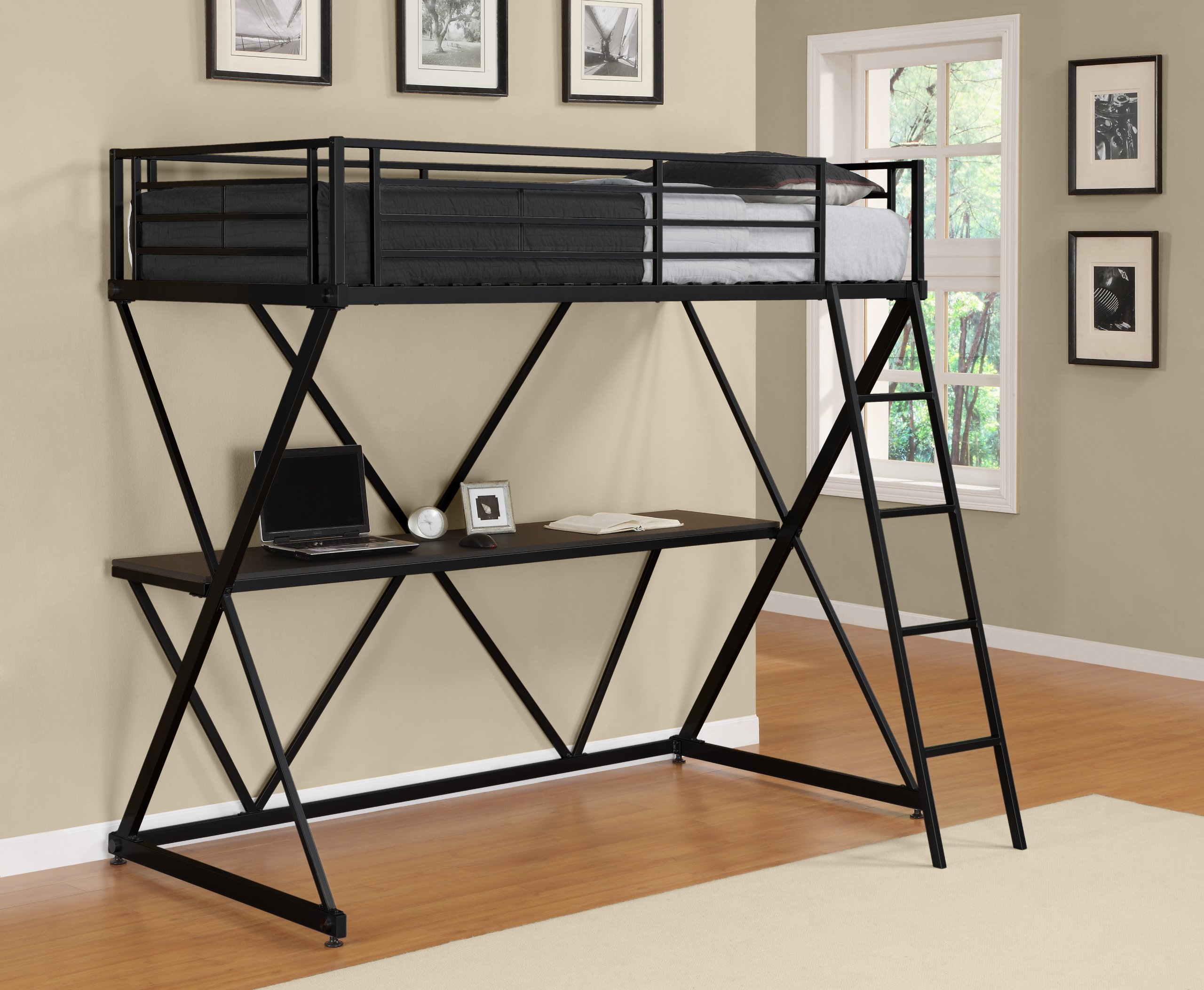 DHP XLoft Metal Bunk Bed Frame With Desk Space Saving Design Twin