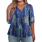FOLUNSI Womens Plus Size 3/4 Roll Sleeve Blouses V Neck Casual Tunic Tops