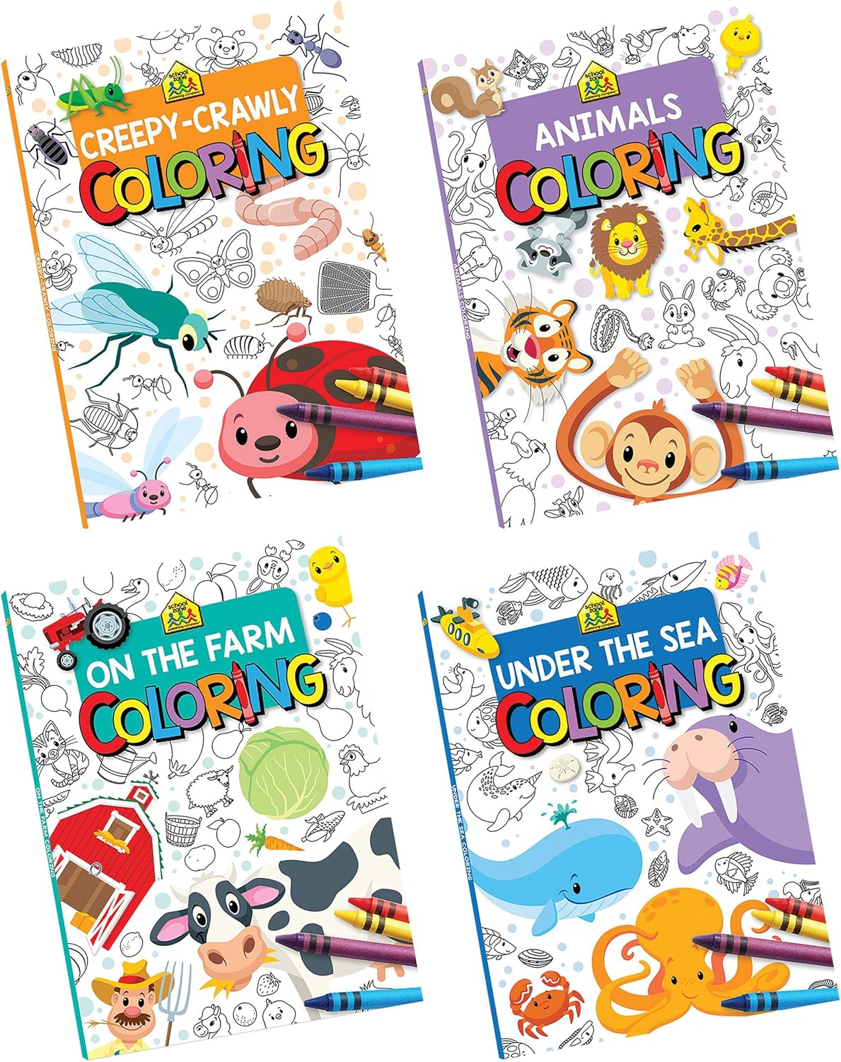 Download Amazon Com Set Of 4 School Zone Coloring Books For Children Animals Creepy Crawly Under The Sea And On The Farm Toys Games
