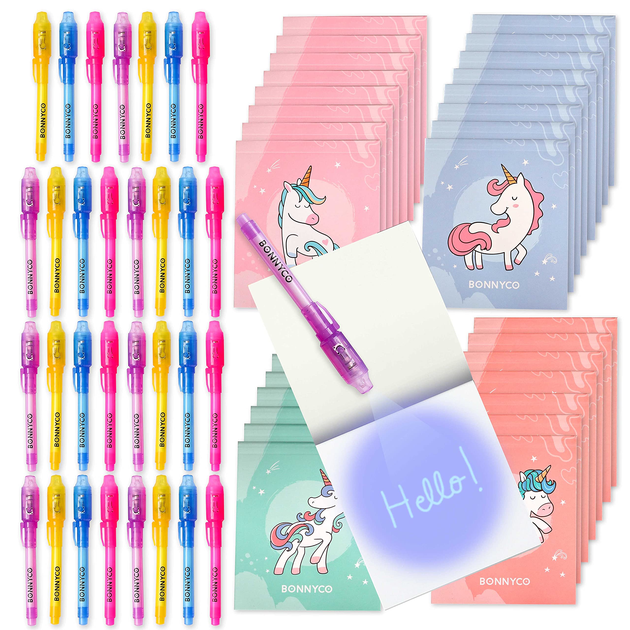 BONNYCO Invisible Ink Pen and Notebook, Pack 32 Unicorns Party Bags Filler and Pinata Toys. Unicorn Birthday Decorations, Stocking Fillers for Kids Birthday. School Prizes, Gifts for Children
