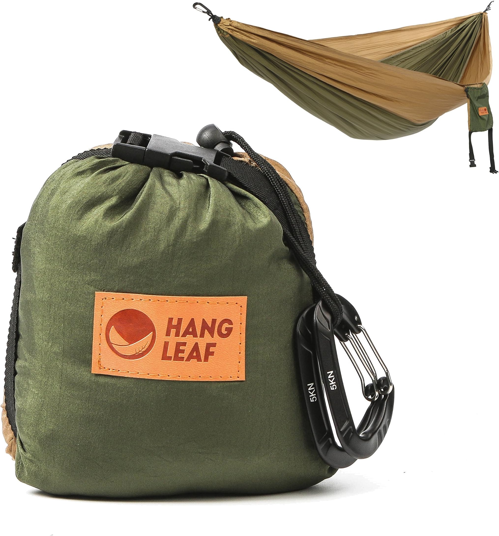 HangLeaf - Double Camping Hammock - Lightweight Portable Parachute Hammock, Best Double Hammock for Outdoors, Backpacking, Travel, Fishing, Hunting, Surfing - Khaki/Green - 126"(L) x 79"(W)