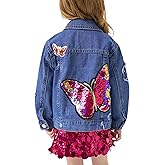 Miipat Toddler Girls Denim Jacket Sequin Patchwork Jean Jacket Little Kids Button Down Long Sleeve Jean Coat