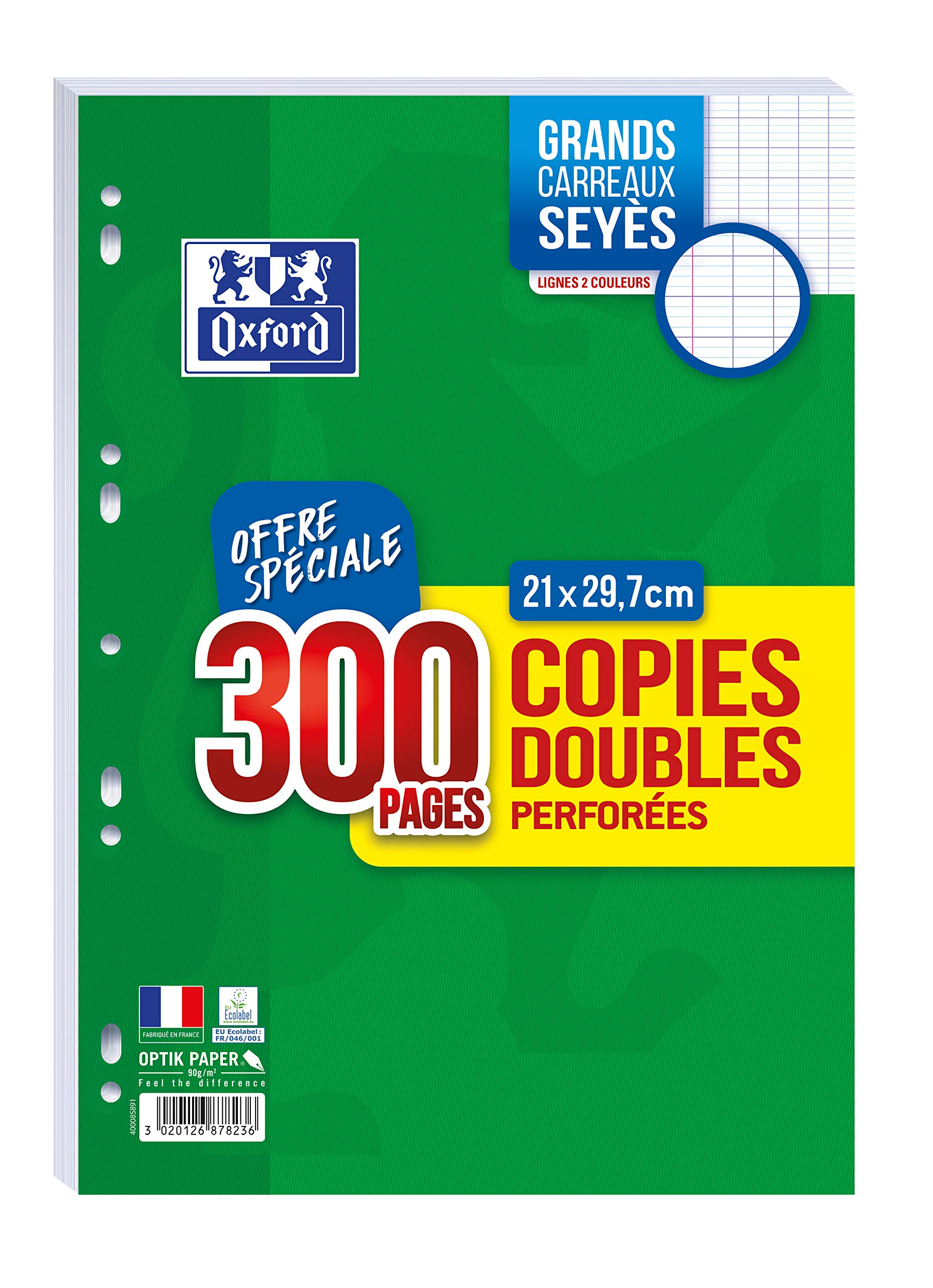OXFORD Pack of 300 Double Perforated Copies A4 (21 x 29.7 cm) 90 g Large Squares with Margin