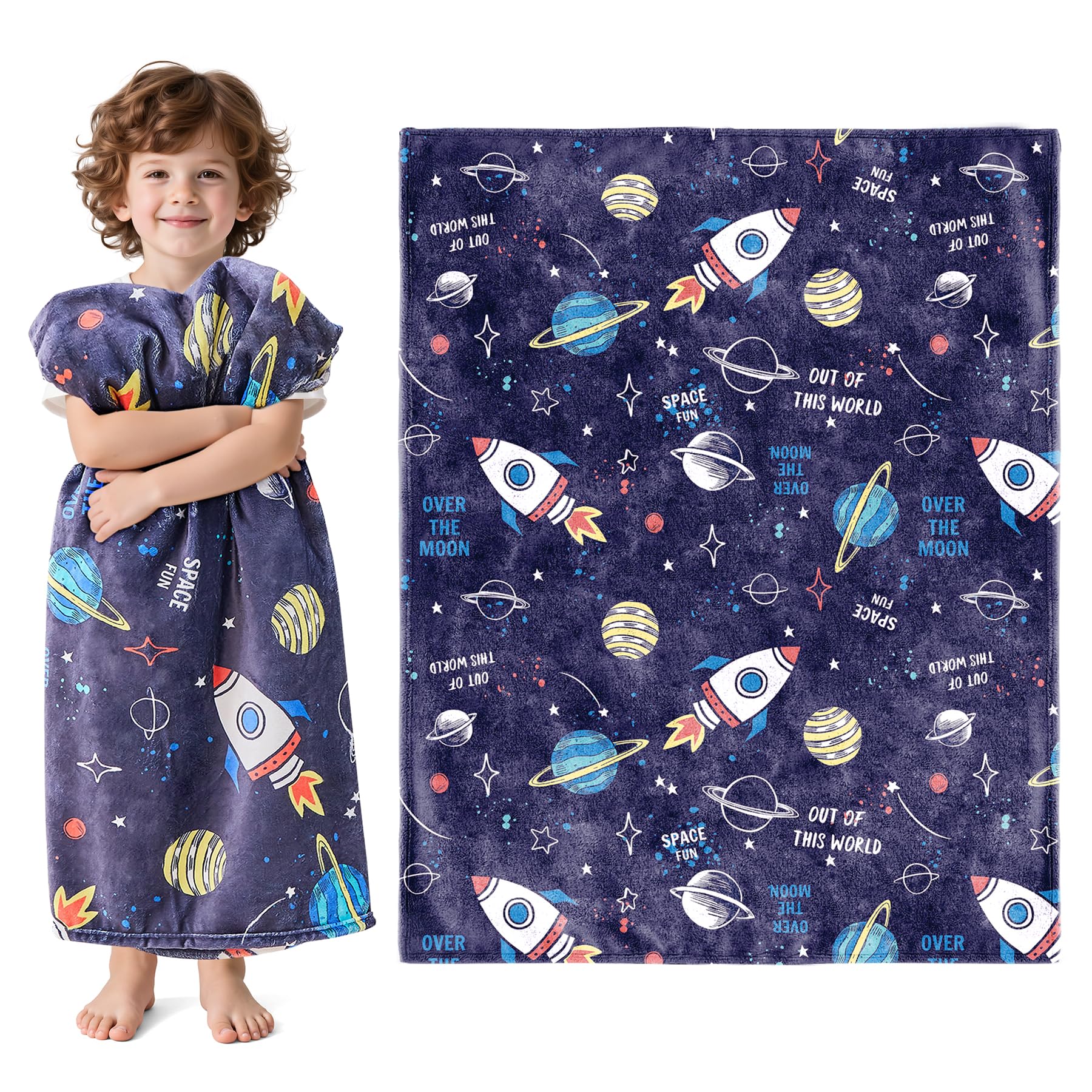 Photo 1 of **THIS IS A BLANKET**Wajade Toddler Fleece Space Blanket for Boys Kids 3D Rocket Planets Soft Throw Blanket Birthday Christmas Halloween Space Decor for Children 60"x80"