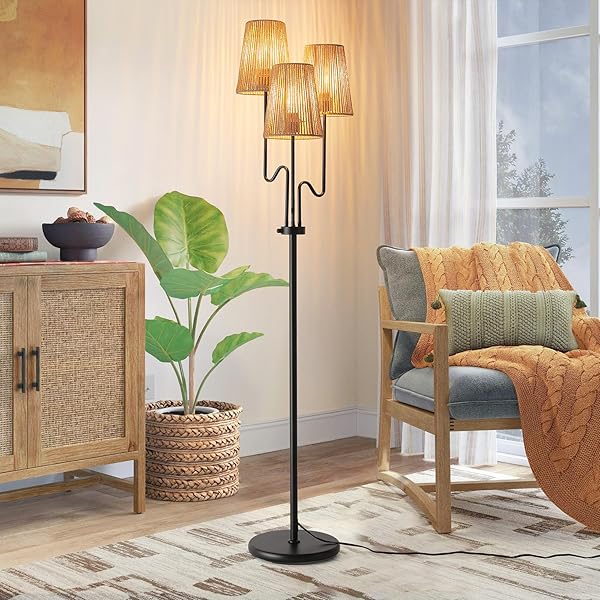 DIMMABLE FLOOR LAMP, 68IN. BOHO FLOOR LAMPS WITH NATURAL SHADE, 3-LIGHT TREE LAMP FOR COASTAL, BEACH OR BOHEMIAN STYLE DECOR, E26 SOCKET, ROTARY SWITCH STANDING LAMP FOR LIVING ROOM, BEDROOM