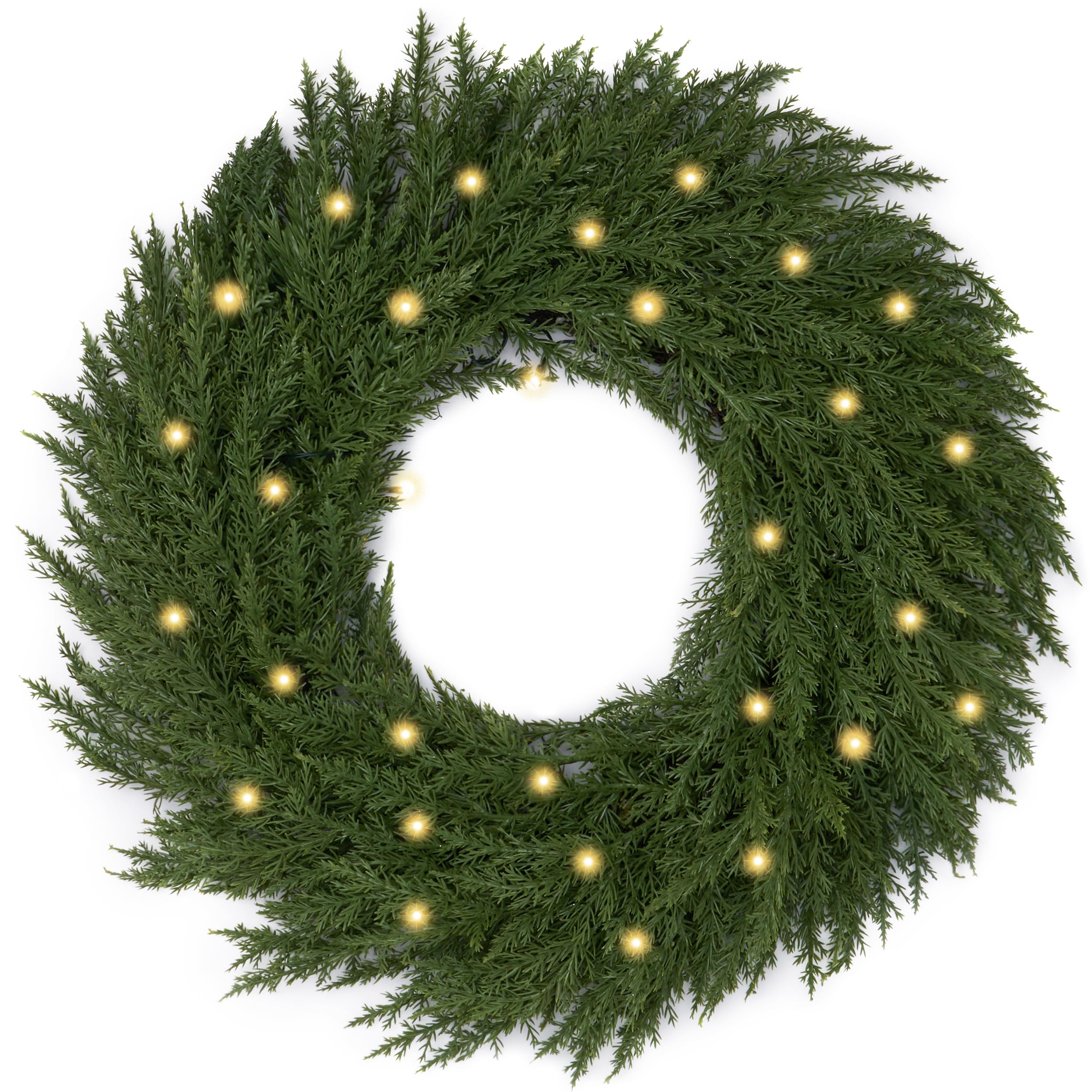 Valery Madelyn 20 Inch Realistic Christmas Wreaths with Lights, Pre Lit Norfolk Pine Wreath with 30 LED Lights, Green Xmas Faux Cedar Wreaths Decorations for DIY Outdoor