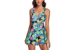Smicabe Women's Elegant Crossover Swimsuits Two Piece Tummy Control Bathing Suits Floral Swim Dress with Shorts