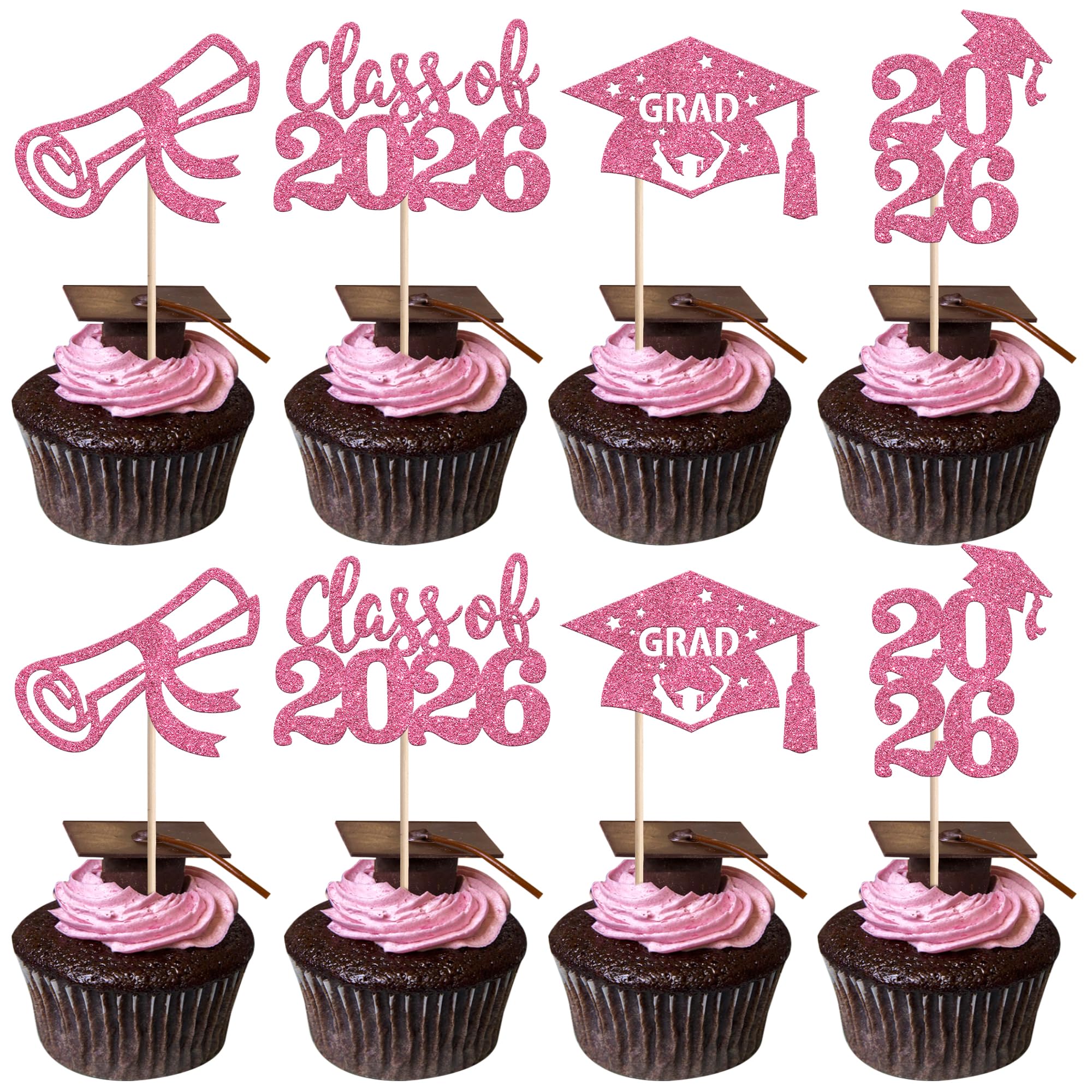 SYKYCTCY 24 Pack 2026 Graduation Cupcake Toppers Glitter Class of 2026 Grad Cap Diploma Cupcake Picks 2026 Graduation Theme Party Cake Decorations Supplies Pink — image 1