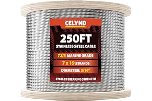CELYND Stainless Steel Cable for Railing - 250FT 3/16" T316 Wire Rope - 7 x 19 Strands 3700 LBS Breaking Strength for Outdoor Deck Railing DIY Projects
