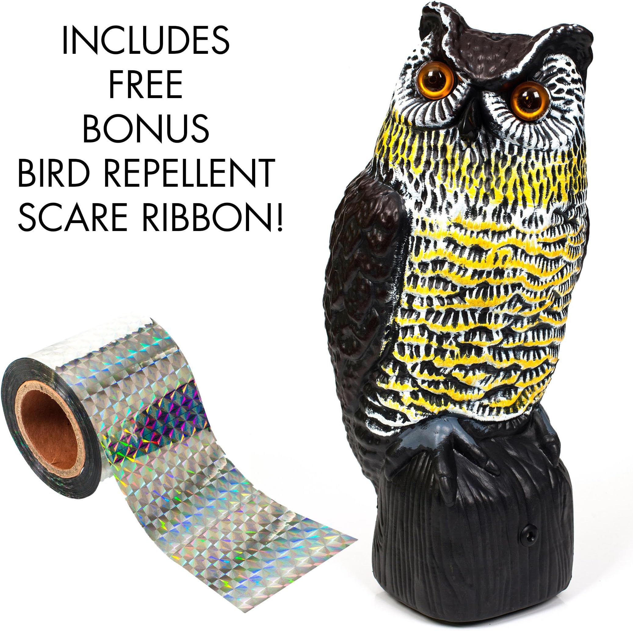 Haven Homes Realistic Premium Owl Scarecrow with Flashing Eyes and Frightening Sound – Owl Decoy Motion Activated & Solar Powered - Pest & Bird Repellent + Free Bonus Bird Repellent Reflective Tape