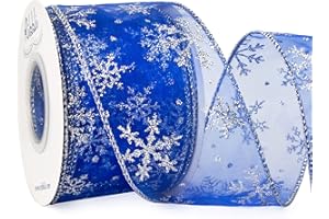 Ribbli Snowflake Glitter Wired Ribbon,Royal Organza Sheer with Silver Glitter Snowflake Pattern and Silver Metallic Edge,2-1/2Inch x 10Yards Christmas Ribbon for Tree Decoration