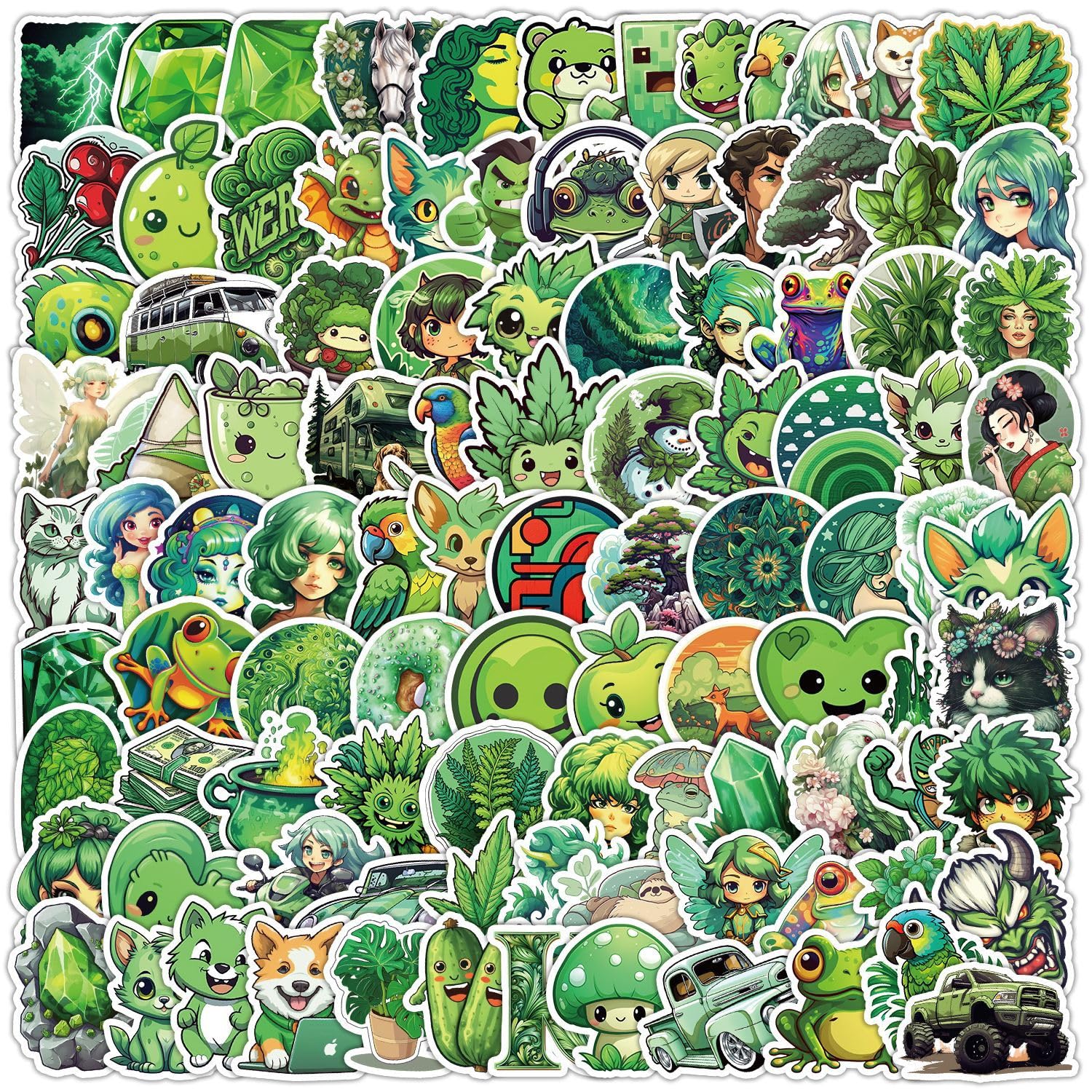Bric dodo 100Pcs Green Stickers Laptop Car Scrapbook Phone Skateboard Suitcase Luggage Bike Green Stickers Vinyl Waterproof Aesthetic Personalised Stickers for Teens Boys Girls Adults Children