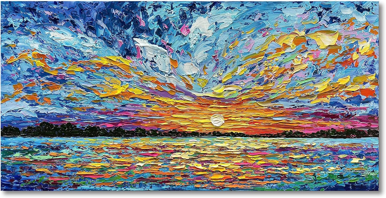 Paintings - Limiyer Art Hand-painted Sea Sunrise landscape Modern Abstract Oil painting Large Canvas Art Hall Bedroom Office Wall Decoration 24x48 Inch
